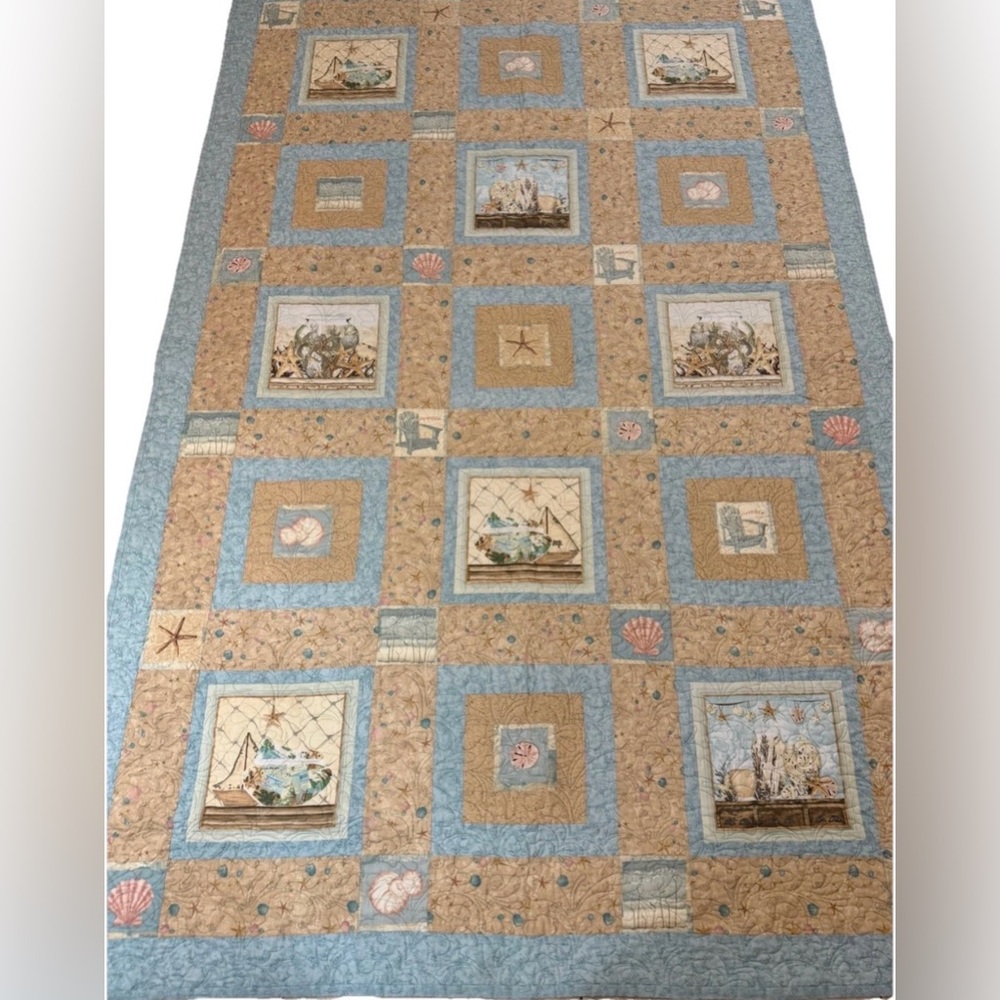 Coastal Nautical Beach Bliss Hand Crafted Quilt Throw 61x93”  Never Used